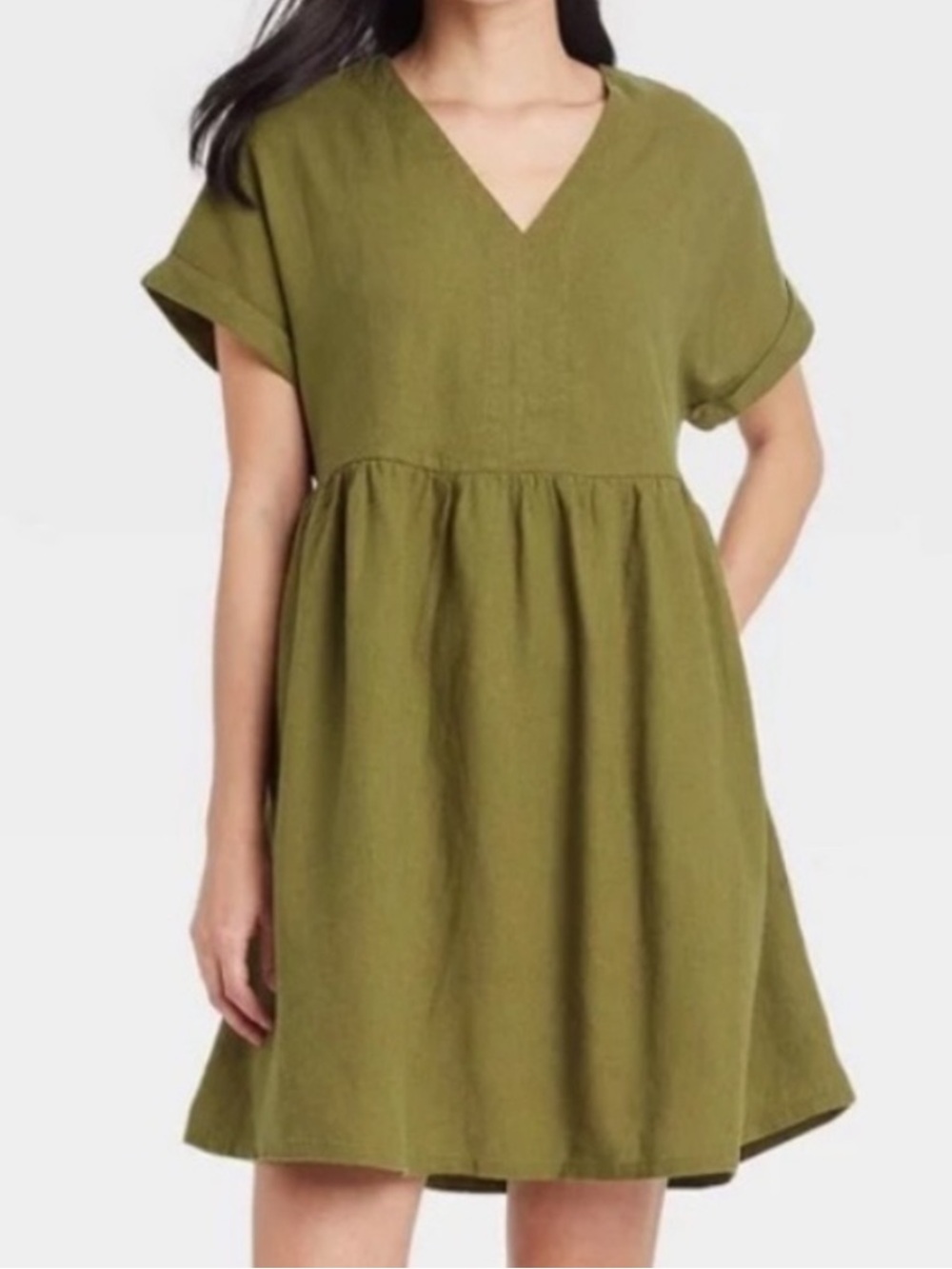 Universal Thread Linen Blend Minimalist Babydoll Mini Dress Sz XS Olive Green